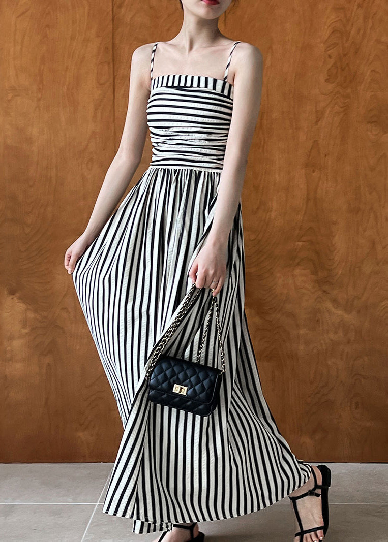 French Striped Cold Shoulder Wrinkled Spaghetti Strap Cotton Dress Summer