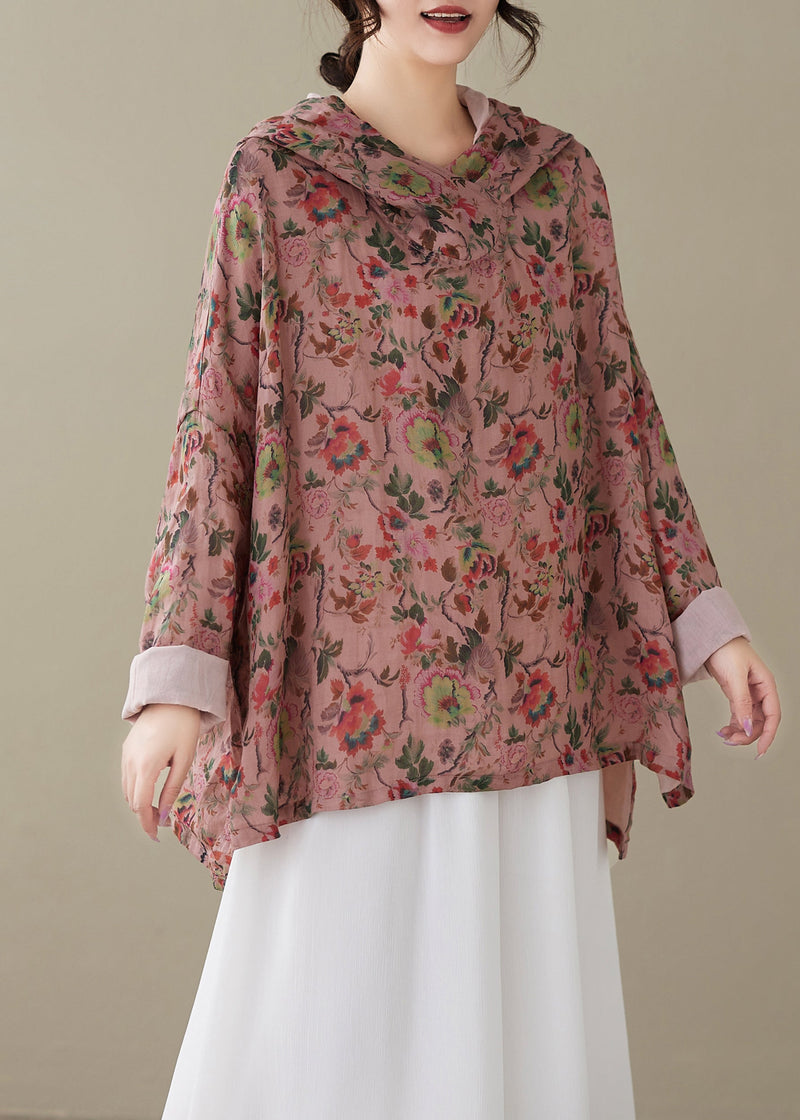 Red Hooded Print Cotton Top Spring