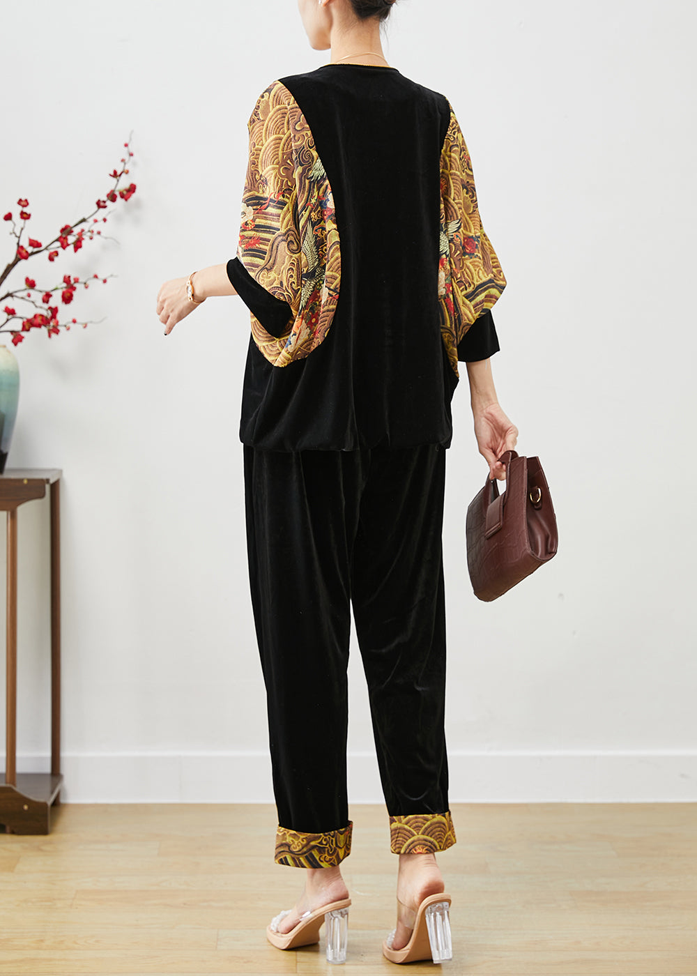 Diy Black Oversized Patchwork Chinese Button Silk Velour Two-piece Set Fall