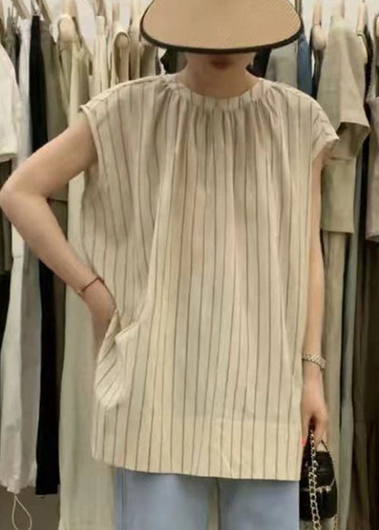 Loose Striped O-neck Side Open Cotton Shirt Vest Sleeveless