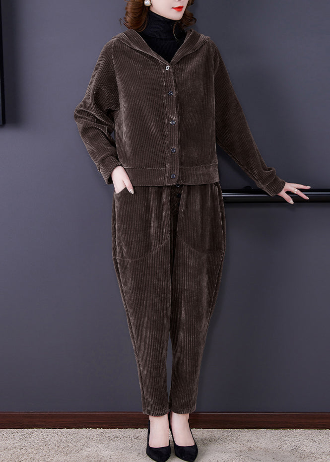 Coffee Patchwork Hooded Corduroy Coats and Harem Pants Two Pieces Set Fall
