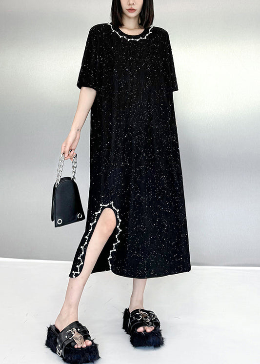 Black O Neck Nail Bead Cotton Dresses Summer