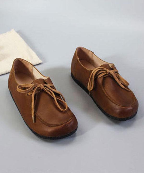 Soft Flat Shoes Brown Cowhide Leather Loafers for