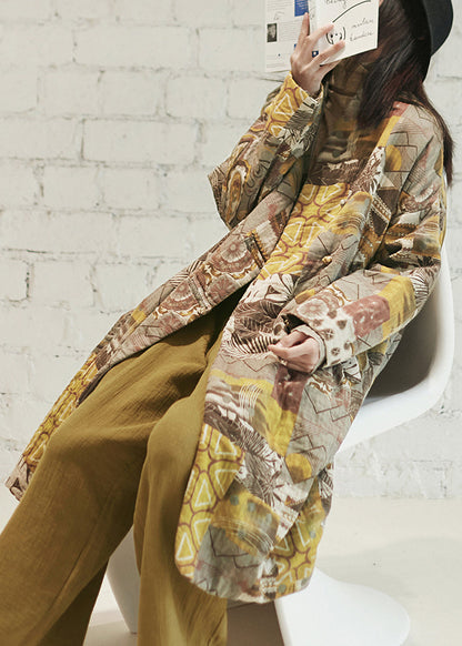 Coffee Yellow Pockets Print Chinese Button Fine Cotton Filled Coat Winter