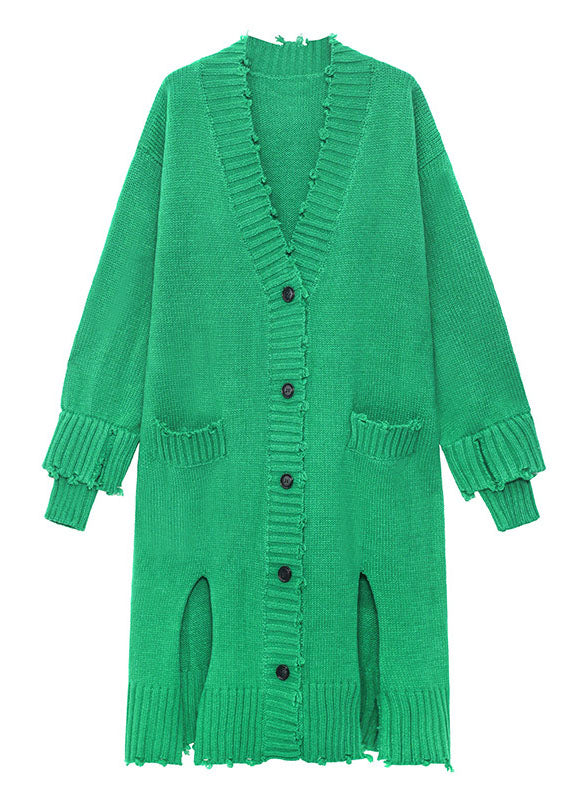Green Hole Side Open Button Fall Knit Long Sleeve Cardigan