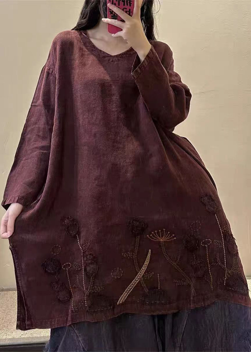 Mulberry V Neck Embroideried Patchwork Linen Mid Dresses Fall