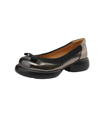 New Dark Grey Splicing Bow Platform Loafers for