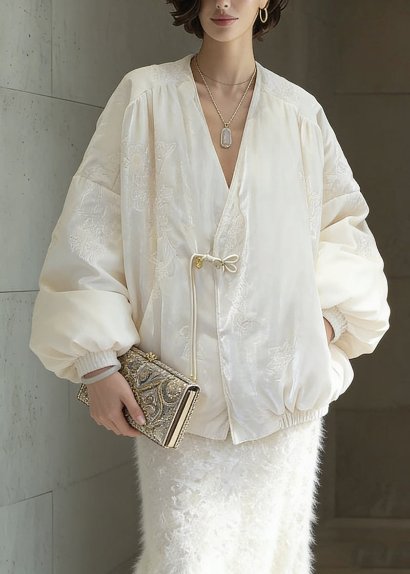 Chinese Style White Embroidered Duck Down Coats Winter