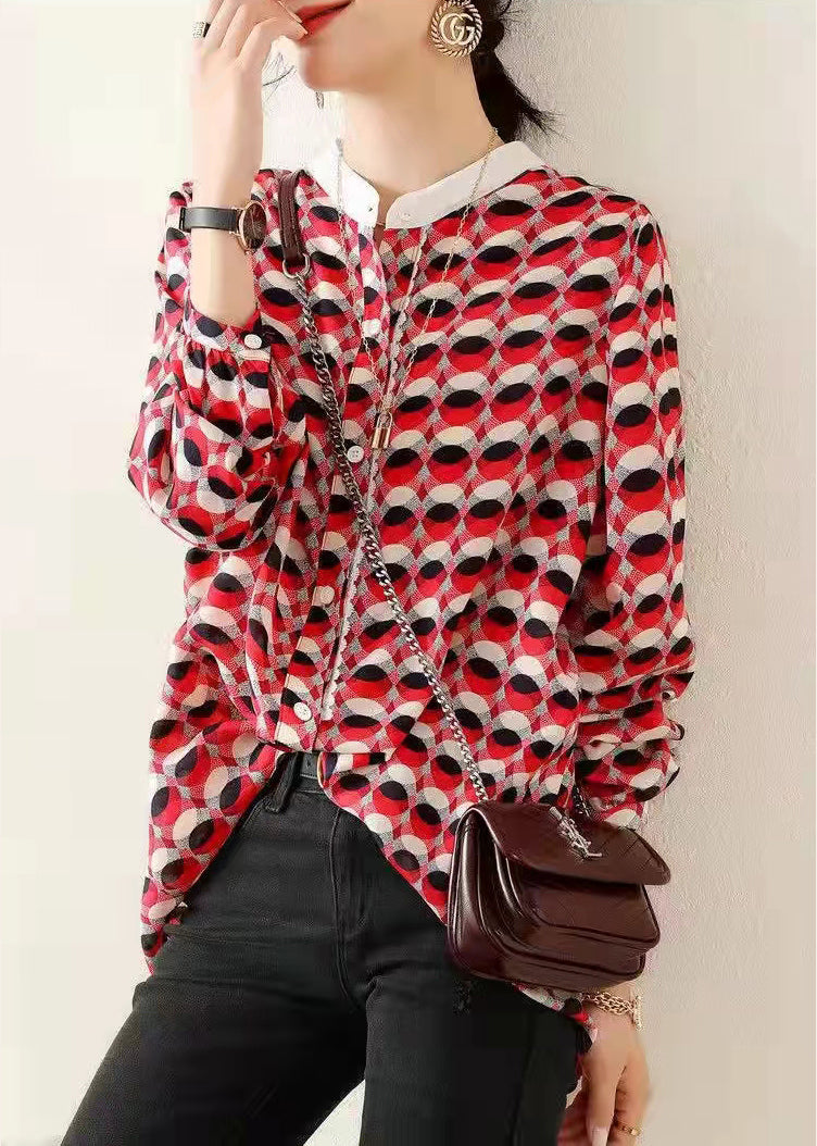 Red Stand Collar Print Chiffon Shirt Top Long Sleeve