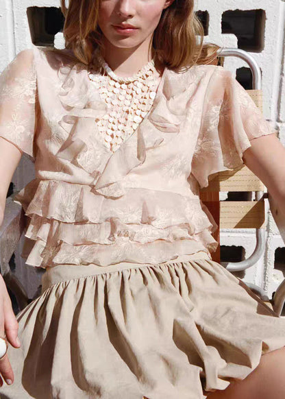 Pink Ruffled Chiffon Shirts and Skirts Two Pieces Set Summer