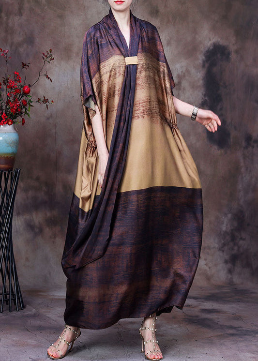 Chocolate Yellow Bow Print Silk Loose Ankle Dress Batwing Sleeve