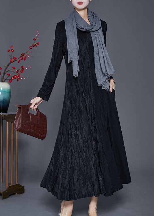 Black Print Cotton a Line Dress V Neck Silm Fit Spring