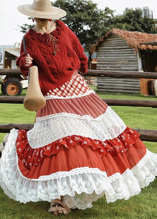 Modern Red Exra Large Hem Patchwork Lace Holiday Skirts Spring