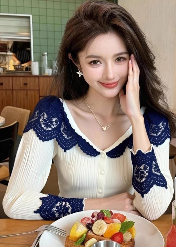 White V Neck Lace Patchwork Knit Tops Spring