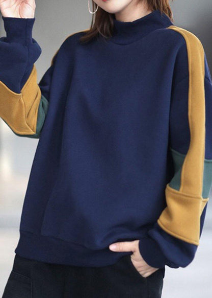 Blue Blouse High Neck Patchwork Box Spring Shirt