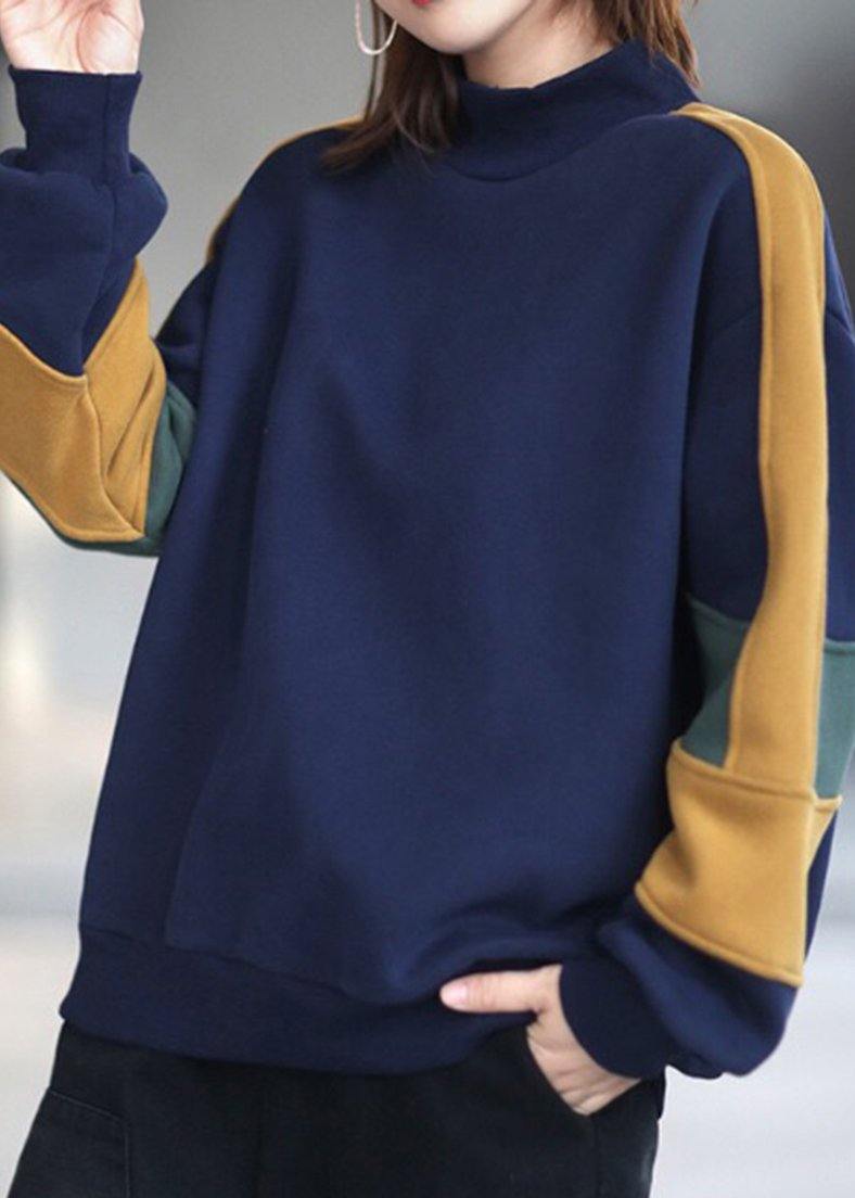 Blue Blouse High Neck Patchwork Box Spring Shirt