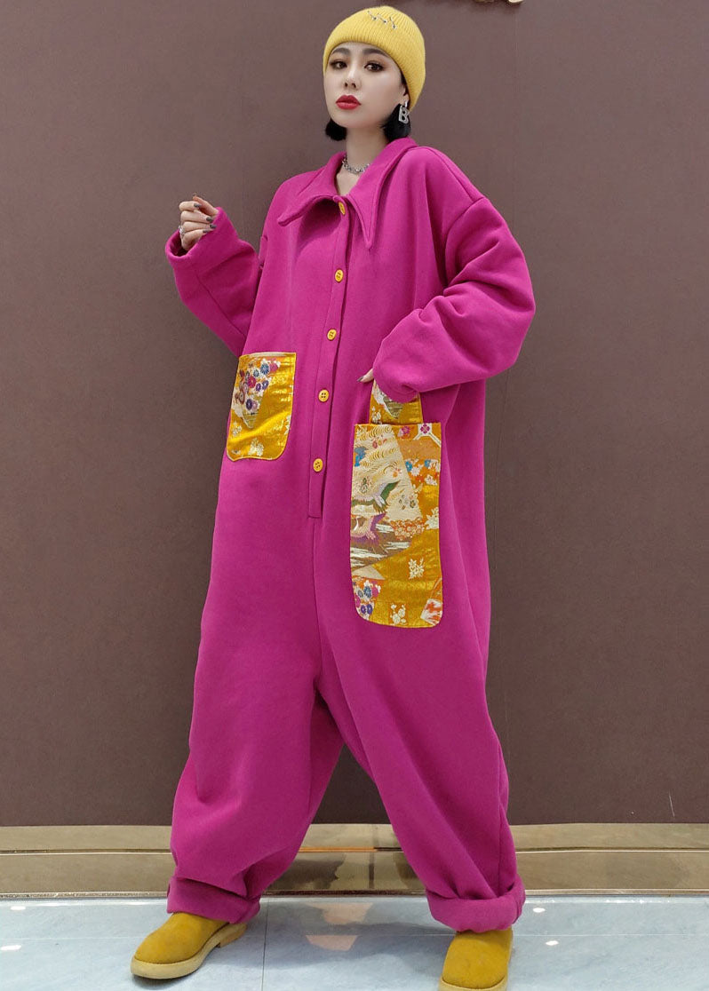Natural Red Peter Pan Collar Pockets Patchwork Warm Fleece Jumpsuit Spring