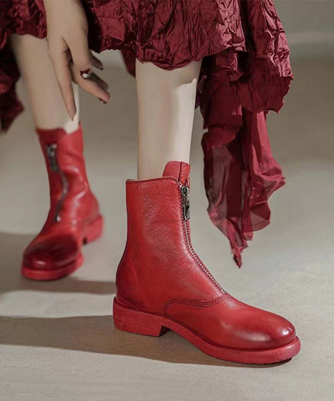 Red Boots Cowhide Leather Handmade Splicing Zippered