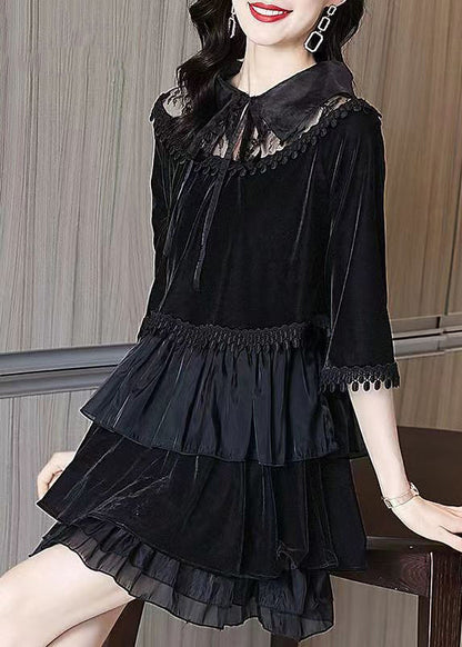 Black Ruffled Tasseled Patchwork Velour Mid Dress Fall