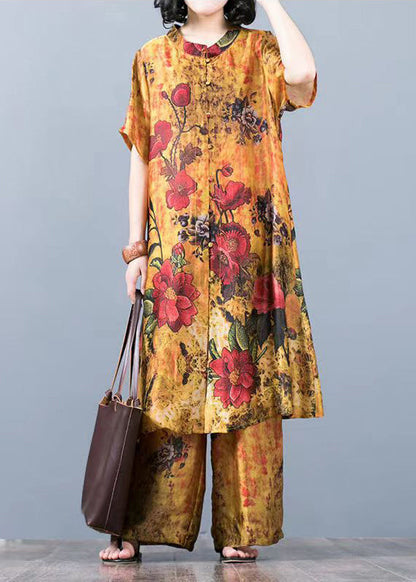 Yellow Loose Silk Long Tops and Wide Leg Pants Two Pieces Set Short Sleeve