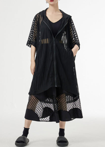 Black Zippered Pockets Patchwork Tulle Upf 50+ Coat Hooded Summer