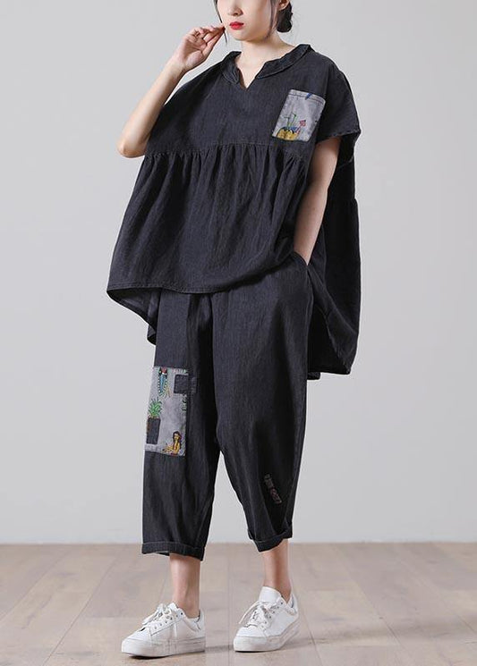 Black Patchwork Pockets Cotton Two Pieces Set Summer