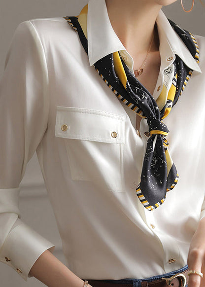 White Peter Pan Collar Pockets Button Silk Shirts Long Sleeve