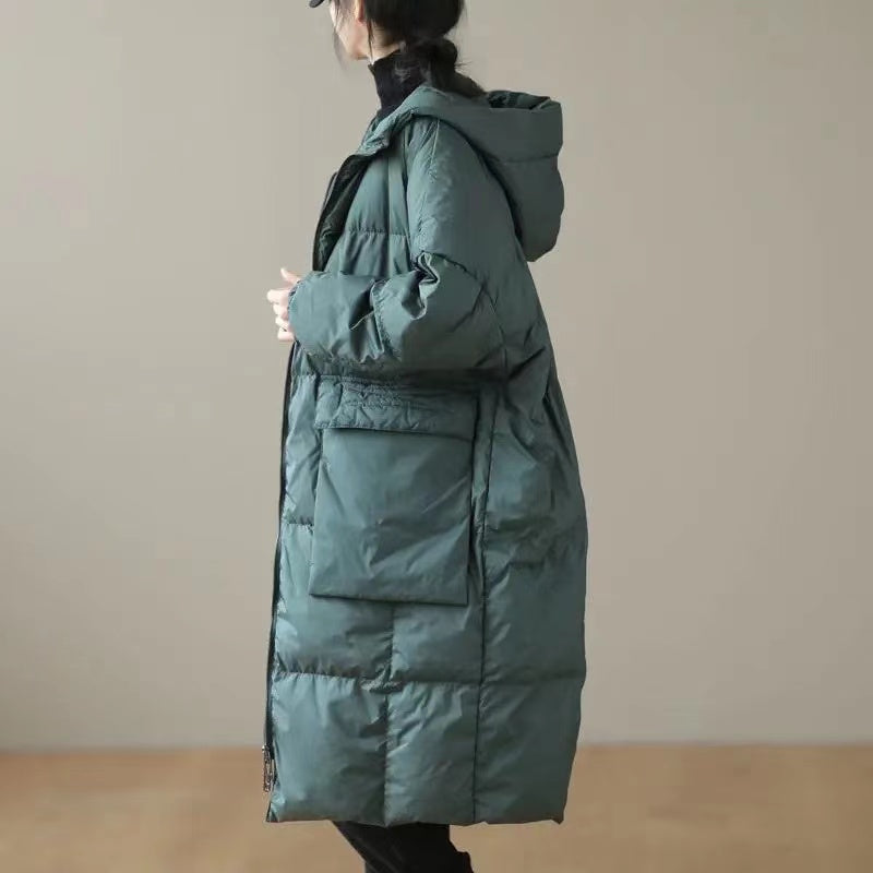 Green Hooded Zippered Pockets Winter Down Coat Long Sleeve