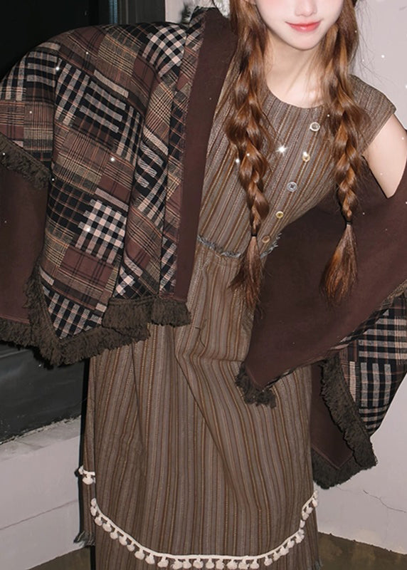 Classy Brown V Neck Print Tassel Hooded Coats Batwing Sleeve