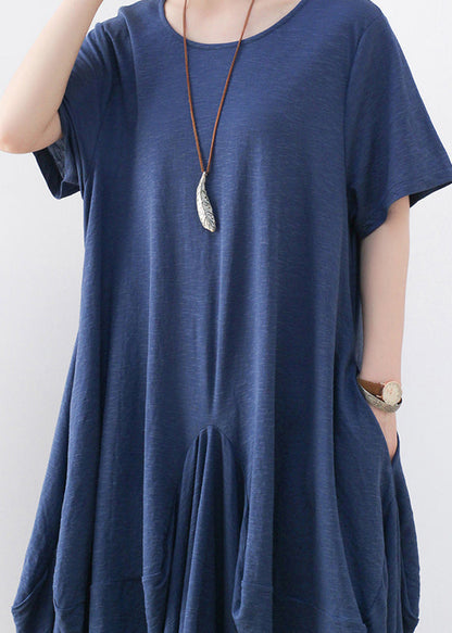 Blue Exra Large Hem Pockets Cotton Long Dresses Short Sleeve