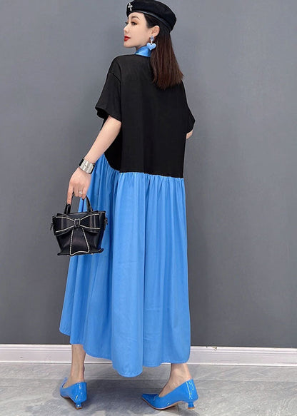 Loose Blue Colorblock Peter Pan Collar Patchwork Pleated Cotton Shirt Dress Short Sleeve