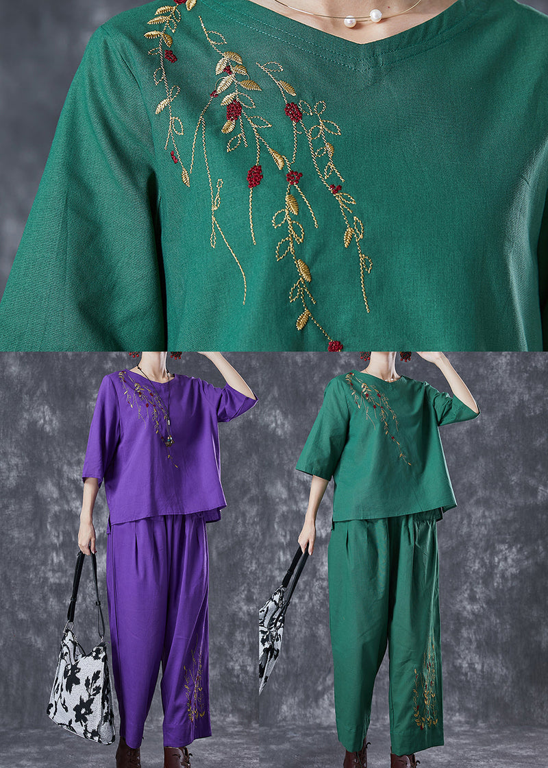 Purple Embroideried Linen Two Pieces Set Summer