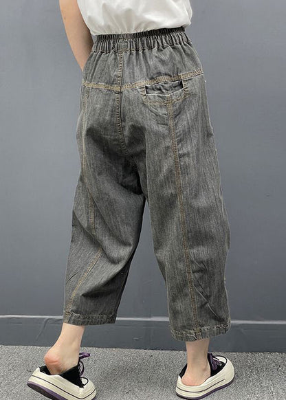 Dark Gray Embroideried Elastic Waist Denim Crop Pants Spring