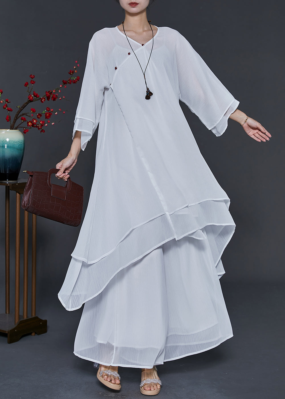 White Draping Layered Chiffon Two Piece Suit Set Summer