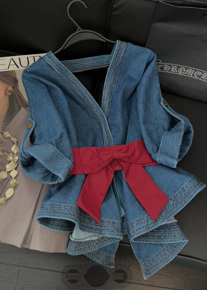 Blue V Neck Bow Tunic Denim Shirt Tops Short Sleeve