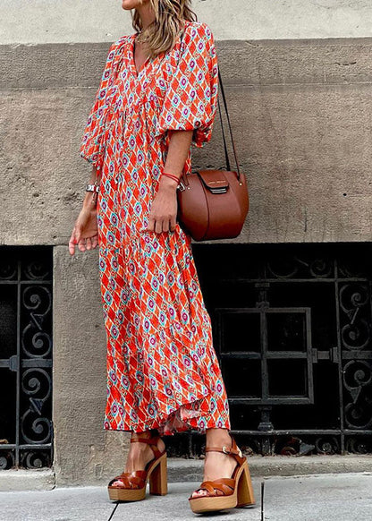 Orange Lace Up Patchwork Print Exra Large Hem Long Dresses Lantern Sleeve