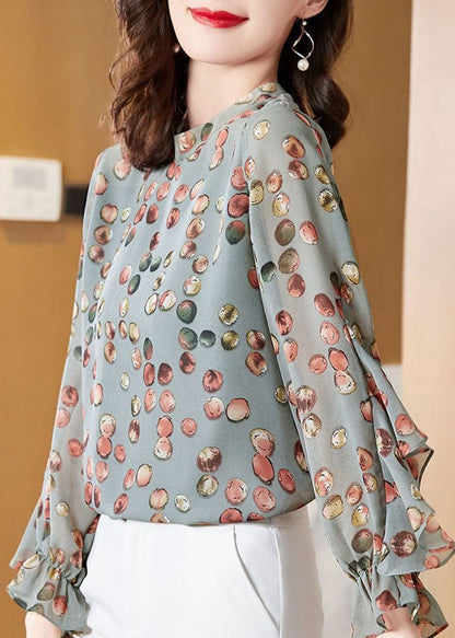 Light Green O-neck Asymmetrical Print Chiffon Shirt Top Spring