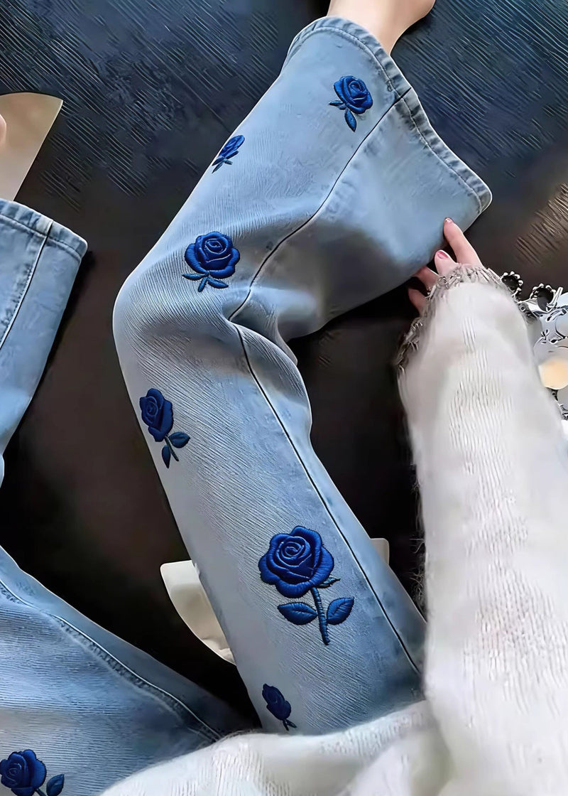 Classy Blue Embroidered Denim Straight Pants Spring