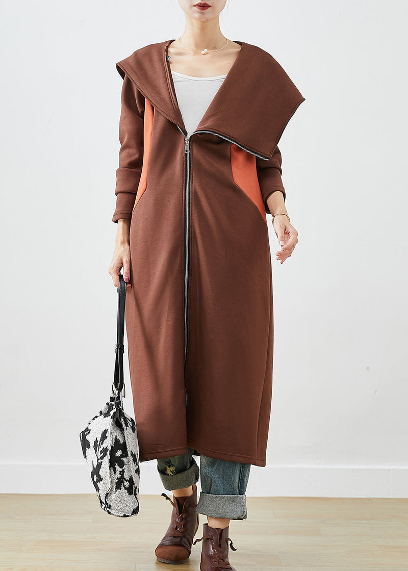 Chocolate Hooded Asymmetrical Patchwork Cotton Coat Fall
