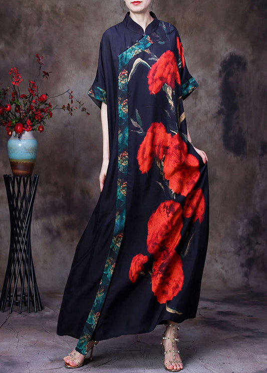 Black Mandarin Collar Print Silk Long Dress for Wemon Short Sleeve