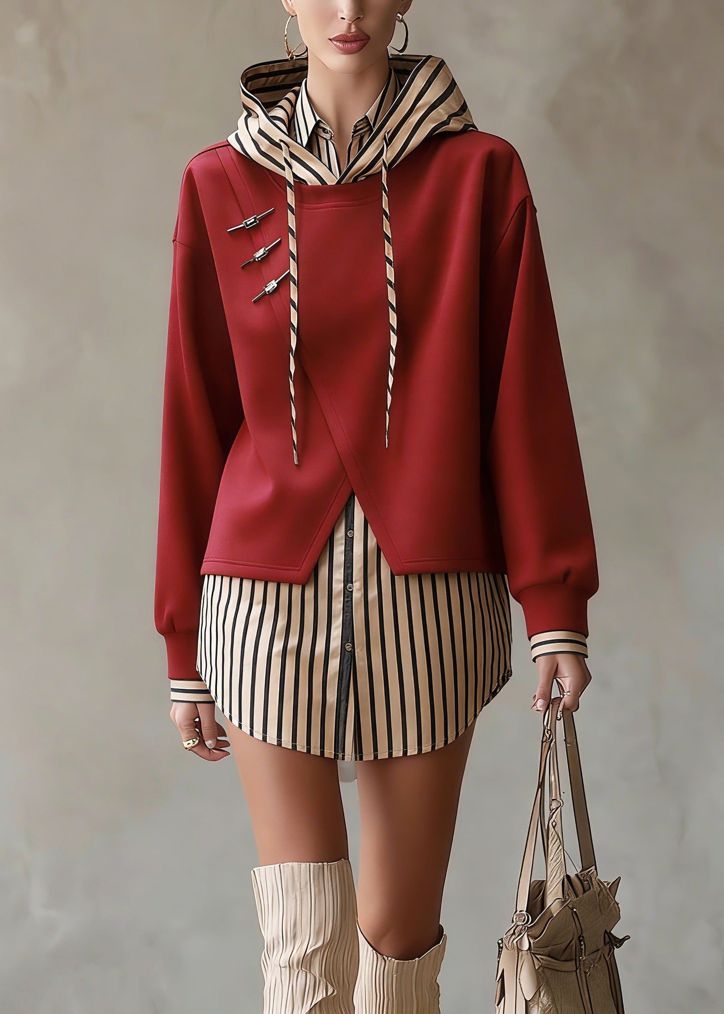 Unique Red Hooded Patchwork False Two Pieces Cotton Top Fall