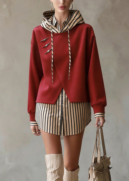 Unique Red Hooded Patchwork False Two Pieces Cotton Top Fall