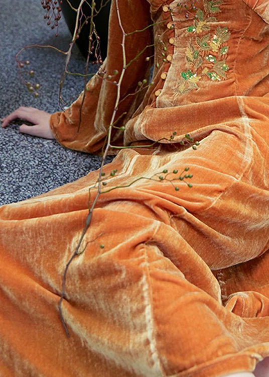 Classy Brown V Neck Embroideried Patchwork Velour Dress Fall