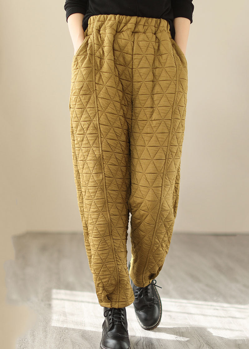 Yellow Pockets Plaid Patchwork Fleece Pants Winter