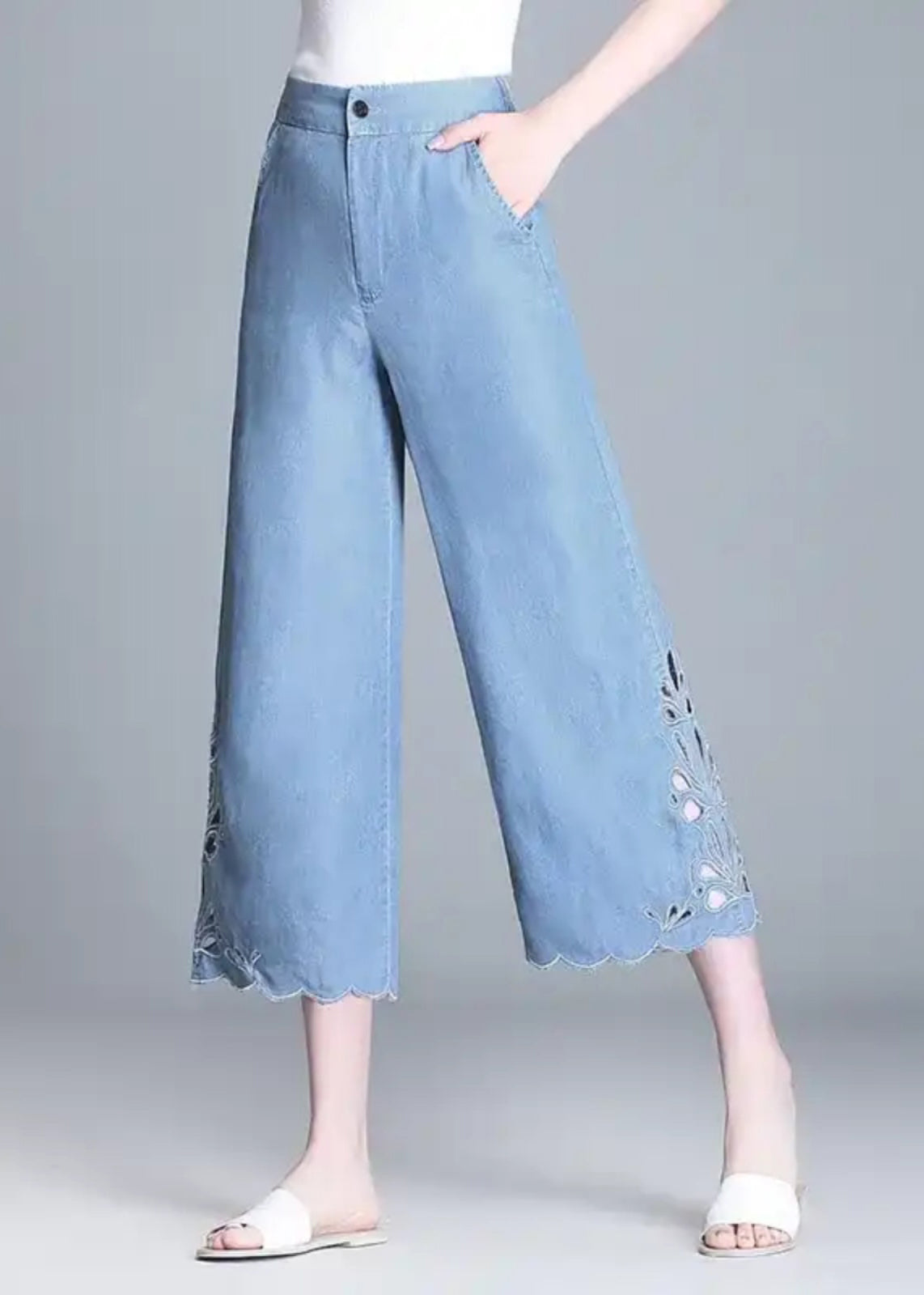 Blue High Waist Hollow Out Crop Jeans Summer