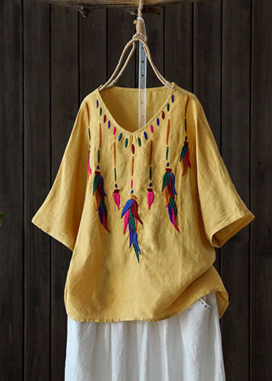 Classy Red Embroideried Low High Design V Neck Linen Shirt Top Short Sleeve