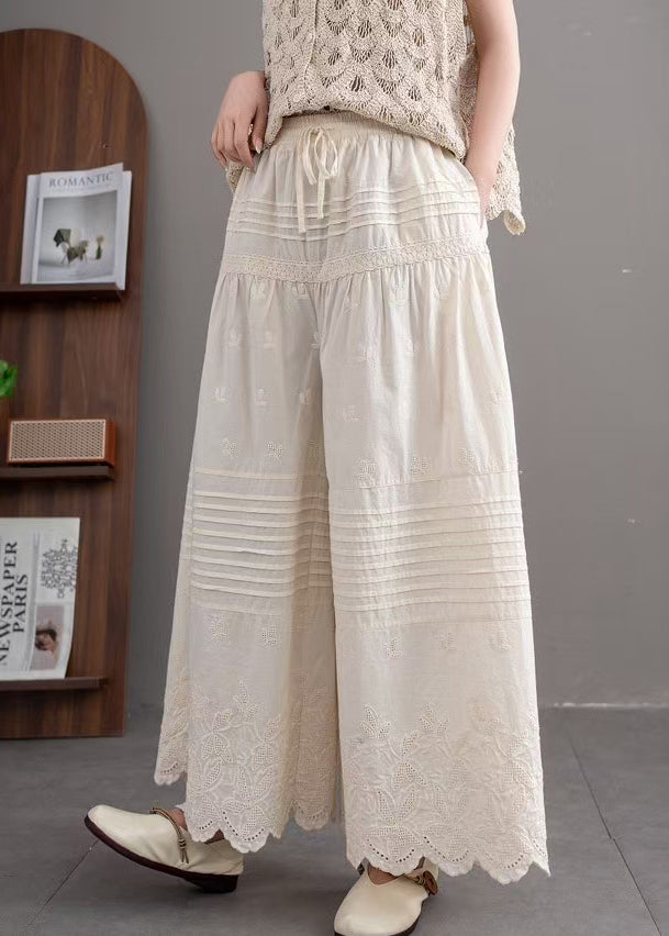 Beige Embroidered Wrinkled Cotton Pants Summer