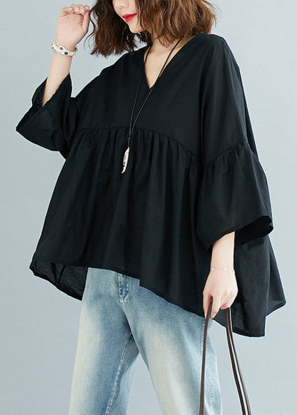 Black V Neck Patchwork Asymmetrical Design Fall Top Three Quarter Sleeve