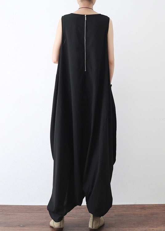 Black O-neck Zip Up Draping Pocket Chiffon Jumpsuit Sleeveless