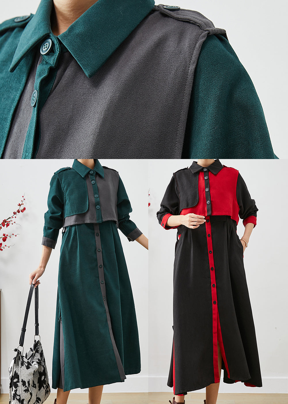 Green Peter Pan Collar Patchwork Cotton Two-piece Set Fall